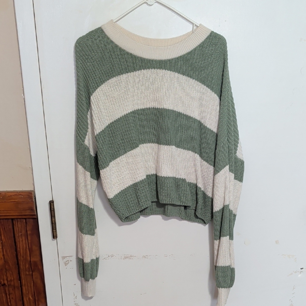 Hollister Green and Cream Striped Sweater